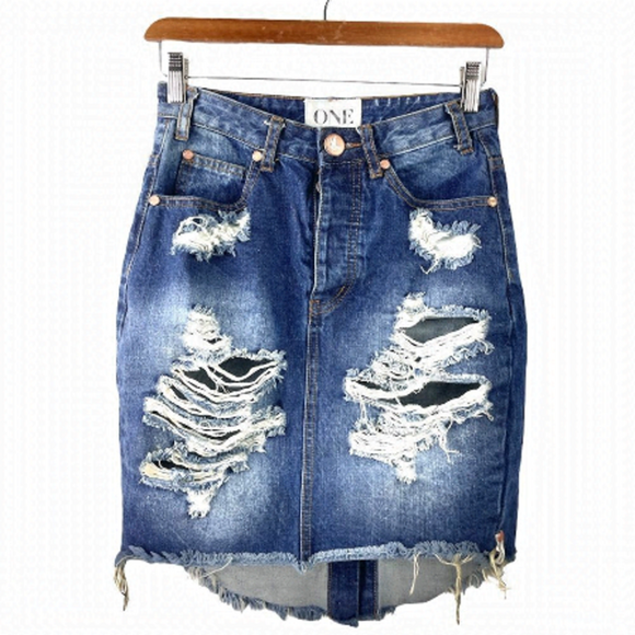 𝅺ONE Teaspoon Wilde High Waist Denim Skirt US 26 - Picture 2 of 7